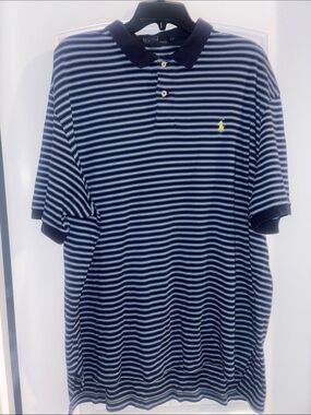 Ralph Lauren Navy & White Striped Polo with Yellow Pony